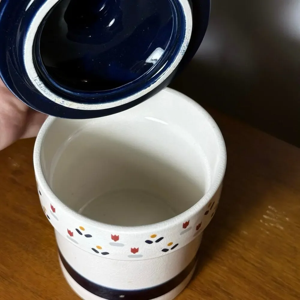 Vintage JCPenney Country Borders Ceramic Canister Blue Tulip Lid Japan 1983